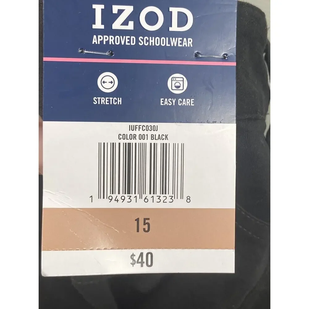 IZOD Pants Youth Size 15 Black Chino Approved Schoolwear Easy Care Pockets NWT